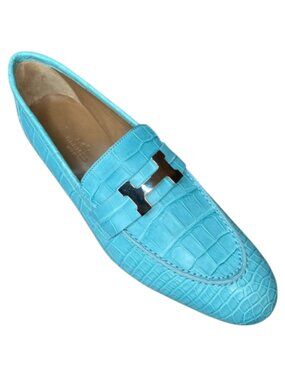 Hermes Matte Aqua Niloticus Crocodile Paris Loafer Signature H EU size 38 Shoe